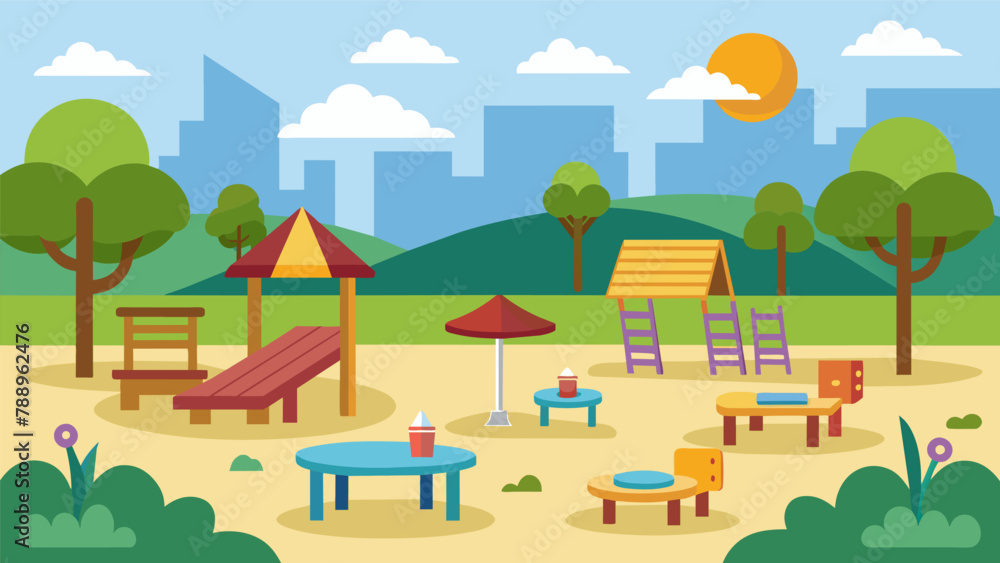 A playground and park area equipped with benches and picnic tables for families and friends to gather and play together. A playground and park area equipped with benches and picnic tables for families and friends to gather and play together.