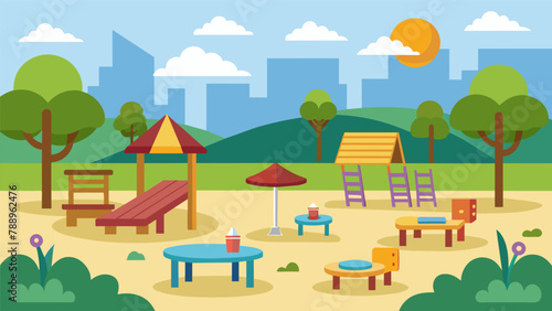 A playground and park area equipped with benches and picnic tables for families and friends to gather and play together.
