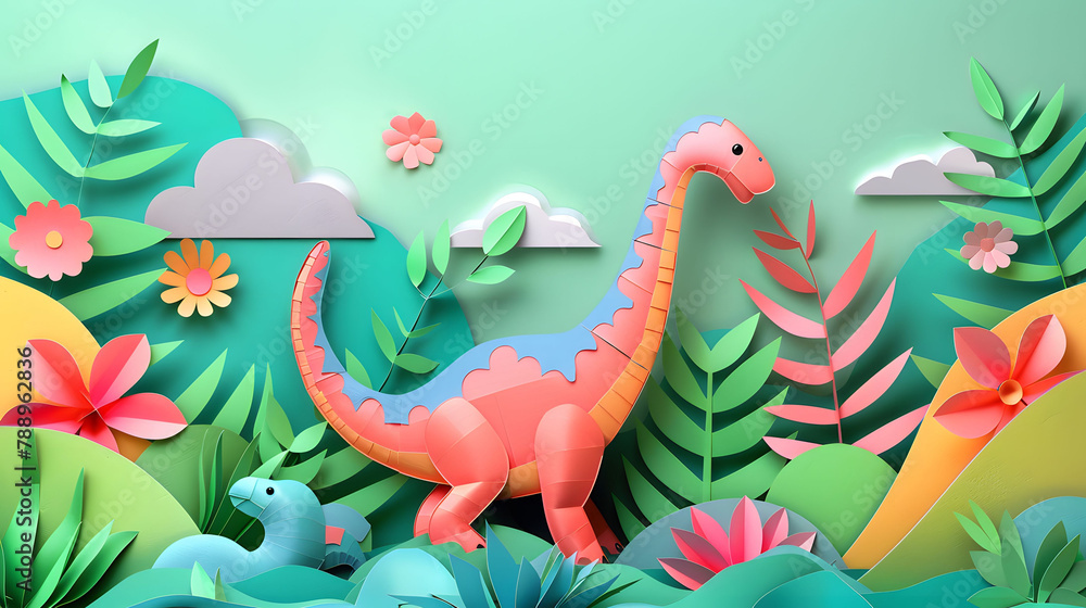 Fototapeta premium A creative paper art scene featuring a green dinosaur surrounded by a vibrant jungle with clouds and stars