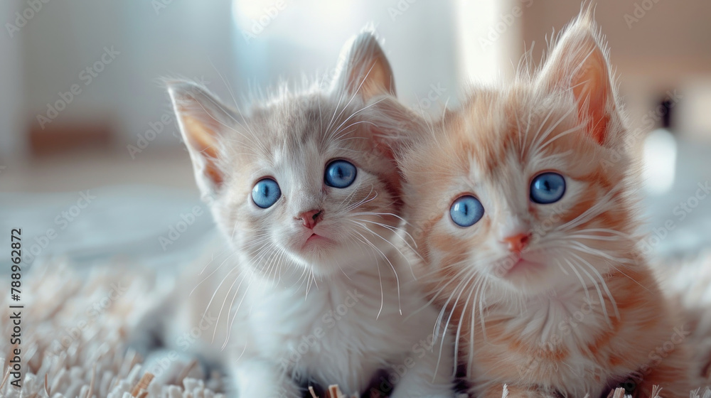 two cute kittens with blue eyes. sitting together on the carpet two cute kittens with blue eyes. sitting together on the carpet