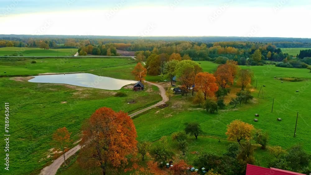 Autumn colors in remote country home with big pond, aerial drone view Autumn colors in remote country home with big pond, aerial drone view