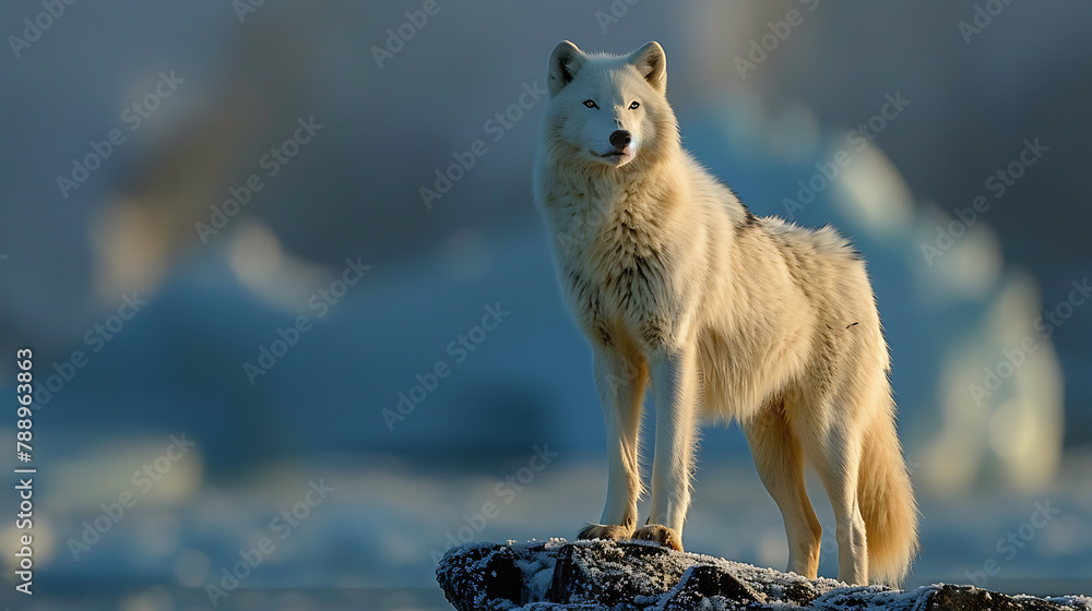 Obraz premium A majestic white wolf standing on a rock against a snowless backdrop, exuding power and tranquility in its natural habitat