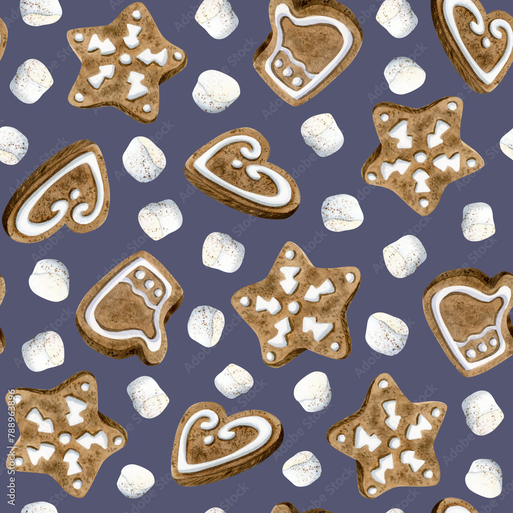 Christmas gingerbread glazed cookies of snowflakes, heart and mitten shape with white marshmallow seamless pattern on dust blue background for New Year festive and sweet designs Christmas gingerbread glazed cookies of snowflakes, heart and mitten shape with white marshmallow seamless pattern on dust blue background for New Year festive and sweet designs