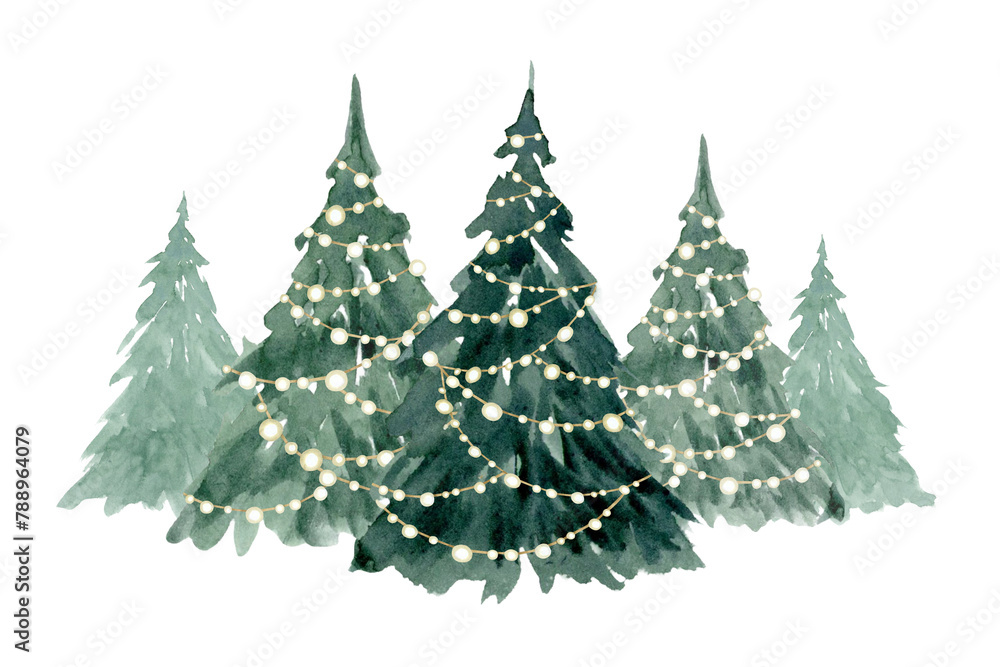 Christmas trees decorated with lights garlands in a row watercolor illustration isolated on white. Winter spruce fir forest for holiday season horizontal banner and landscape