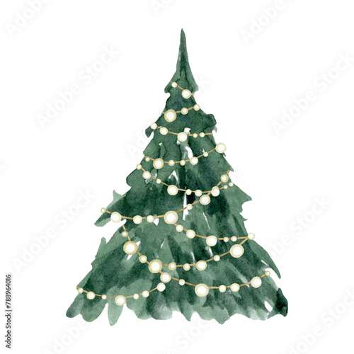 Christmas tree with shining garland lights watercolor sketch illustration isolated on white background in simple style for Happy New Year greeting cards and designs