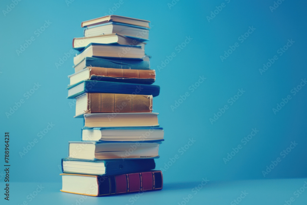 stack of books on blue background with copy space, banner design stack of books on blue background with copy space, banner design