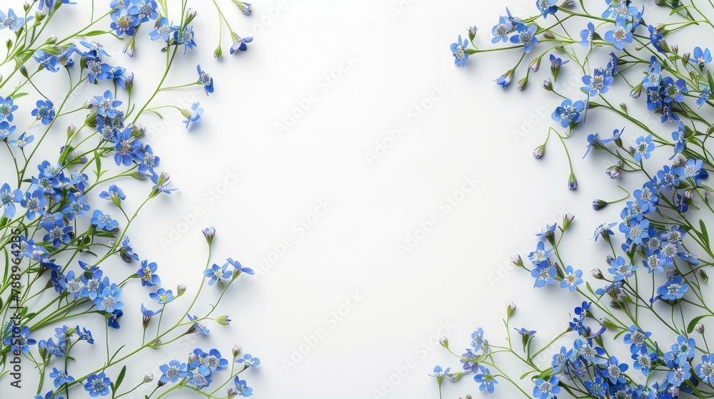 A top down view of delicate blue forget me not flowers set against a crisp white backdrop providing a blank canvas for your text A top down view of delicate blue forget me not flowers set against a crisp white backdrop providing a blank canvas for your text