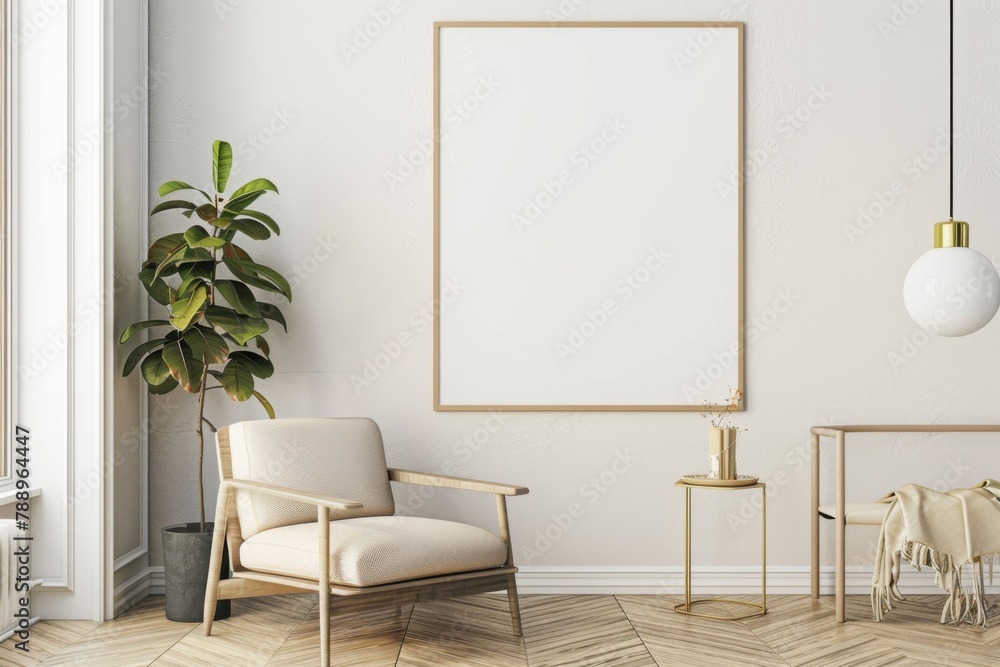 Scandinavian style living room with poster mockup created with generative ai Scandinavian style living room with poster mockup created with generative ai