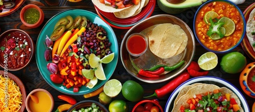 Assorted Mexican breakfast dishes with vibrant colors displayed on a table