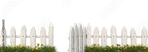 Old wooden fence with open gate isolated. 3D image