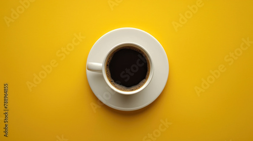 top view photo of a white cup of black coffee on a yellow background