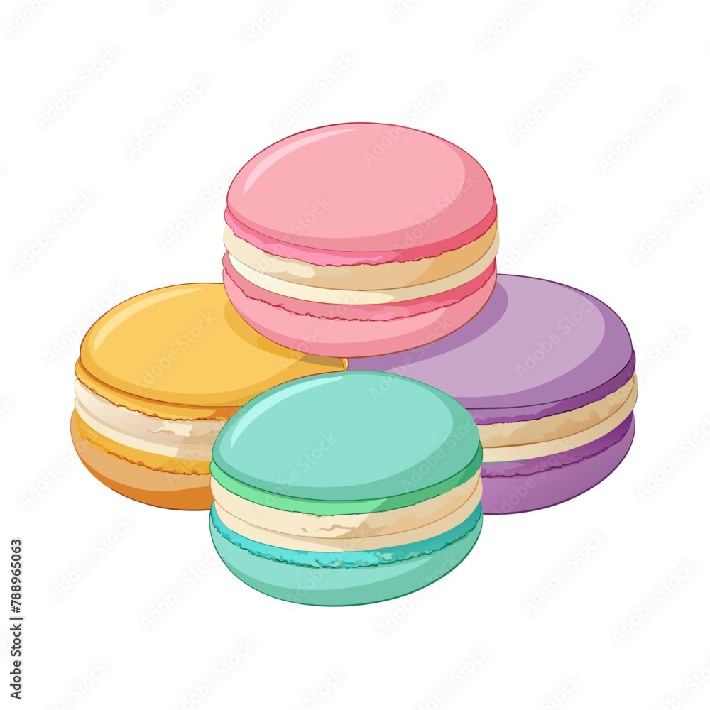 Traditional French almond macarons cookies in different colors in cute cartoon style Traditional French almond macarons cookies in different colors in cute cartoon style