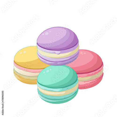 Traditional French almond macarons cookies in different colors in cute cartoon style