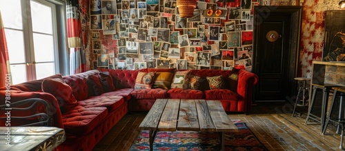 Room containing an oversized couch, a wooden table, and wallpaper featuring photos. photo