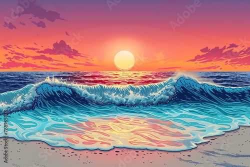 Pop art inspired sunset beach scene, cartoonish waves and sun, right copy space, dusk lighting, panoramic shot
