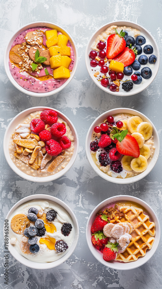 A collection of bowls filled with various fruits and cereals, clean food, weight loss A collection of bowls filled with various fruits and cereals, clean food, weight loss