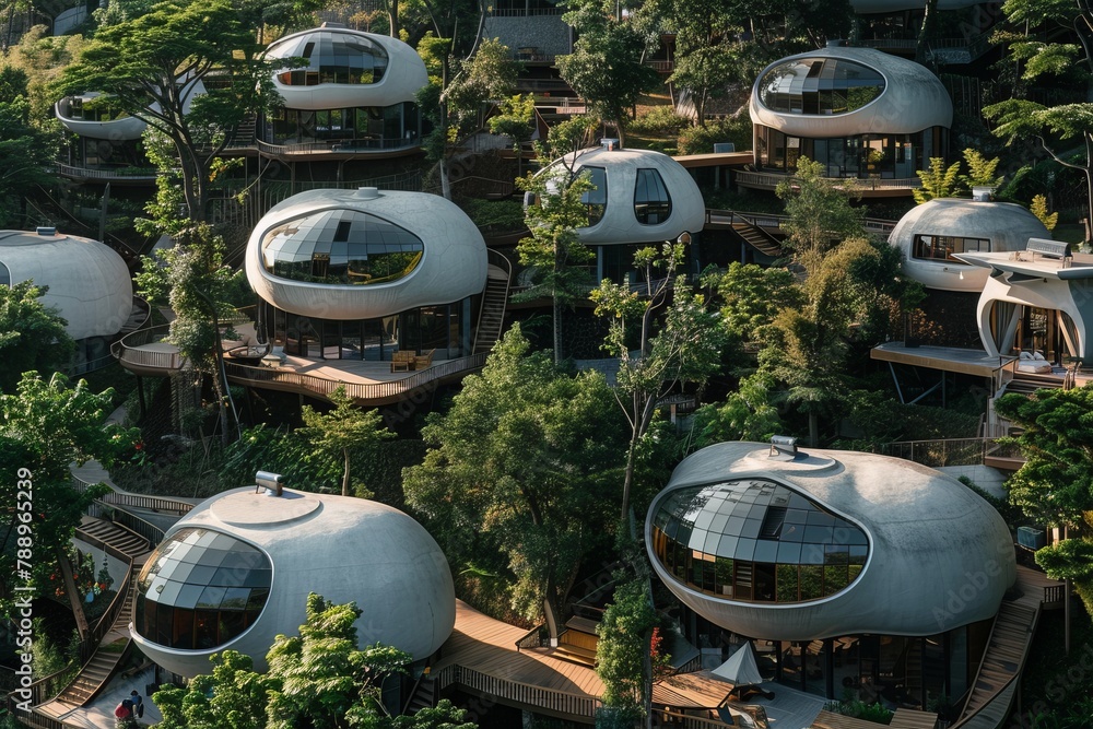 Modern small bungalows looks like capsules, in the form of partially glazed spheres of irregular shape, between trees and connected by boardwalks, organic architecture Modern small bungalows looks like capsules, in the form of partially glazed spheres of irregular shape, between trees and connected by boardwalks, organic architecture