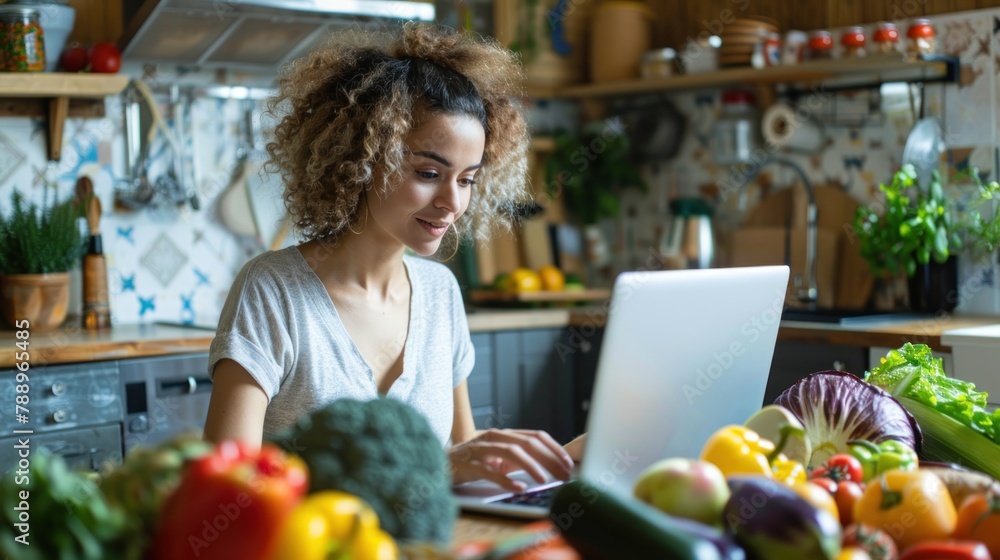 Woman sitting at a kitchen table with a laptop, grocery shopping online for home delivery. 