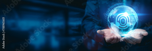 Businessman hold global digital forensics globe with network connected to cybersecurity analytics and incident response. Business development technology to enhance innovative security ideas.
