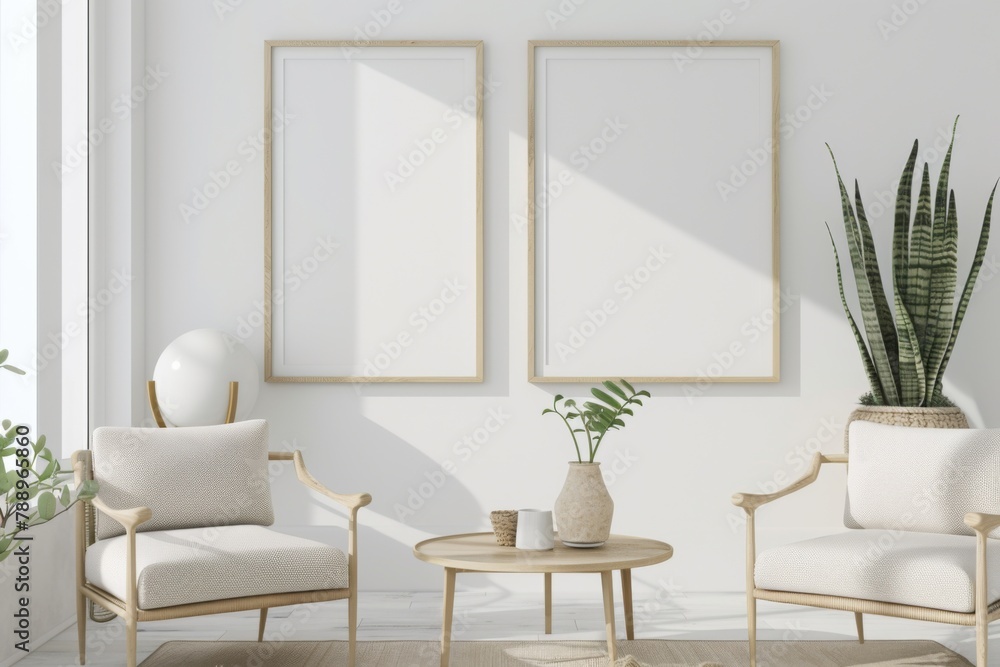 Scandinavian style living room with poster mockup created with generative ai Scandinavian style living room with poster mockup created with generative ai