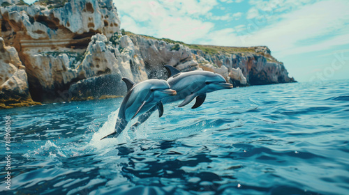 dolphins swimming in the sea near rocky cliffs