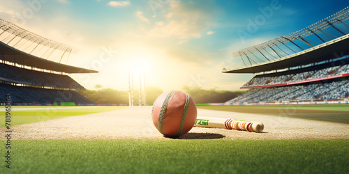 american cricket ball stadium with bat on a blue and sunlight background