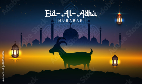 Traditional bakrid festival golden shiny card dersign with mosque, lights, moon, goat, and gradient background. photo