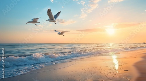 Seagulls flying over the beach photo