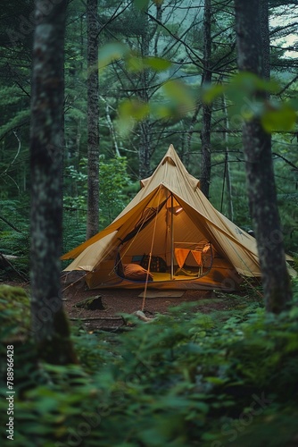 Camping tent pitched in the wilderness photo