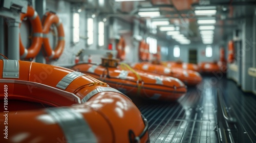 A row of orange life preservers are lined up in a warehouse