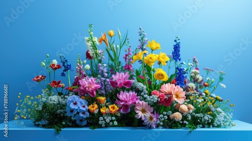 A vibrant array of fresh flowers in bold hues adorns the vicinity of a vacant podium set against a backdrop of serene blue Ample room for showcasing and creativity is available along with a