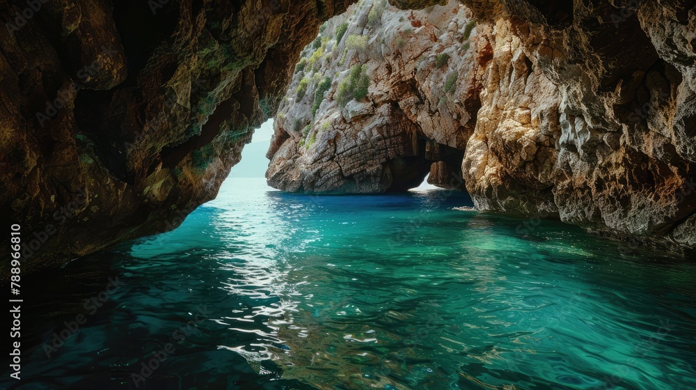 Serene Hidden Sea Cave With Crystal Clear Water on a Sunny Day