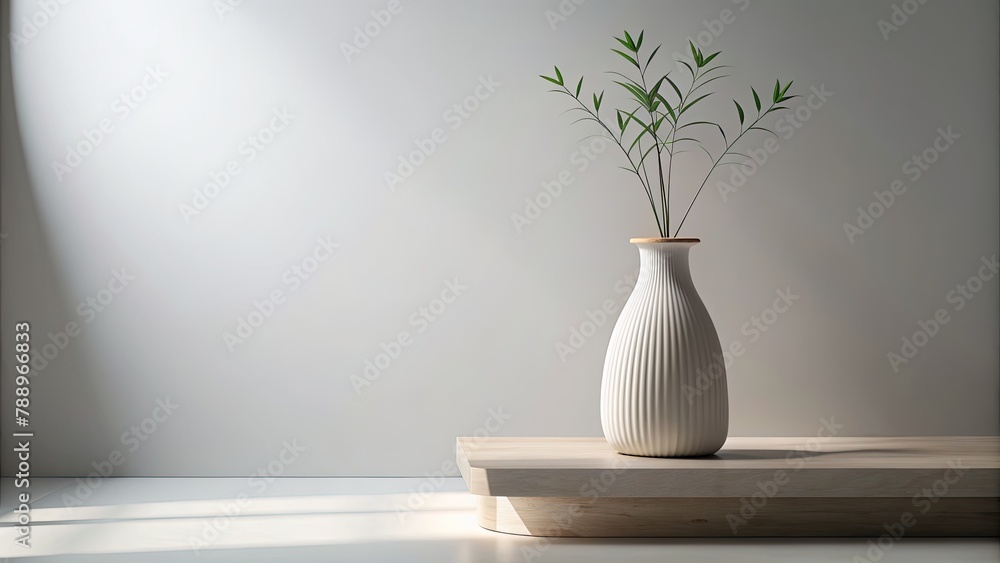 Vase with bamboo on wooden shelf in white room Vase with bamboo on wooden shelf in white room