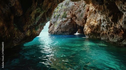 Serene Hidden Sea Cave With Crystal Clear Water on a Sunny Day © tnihousestudio