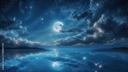 A full moon rising over a body of water with a starry sky and clouds © Ali Clicks