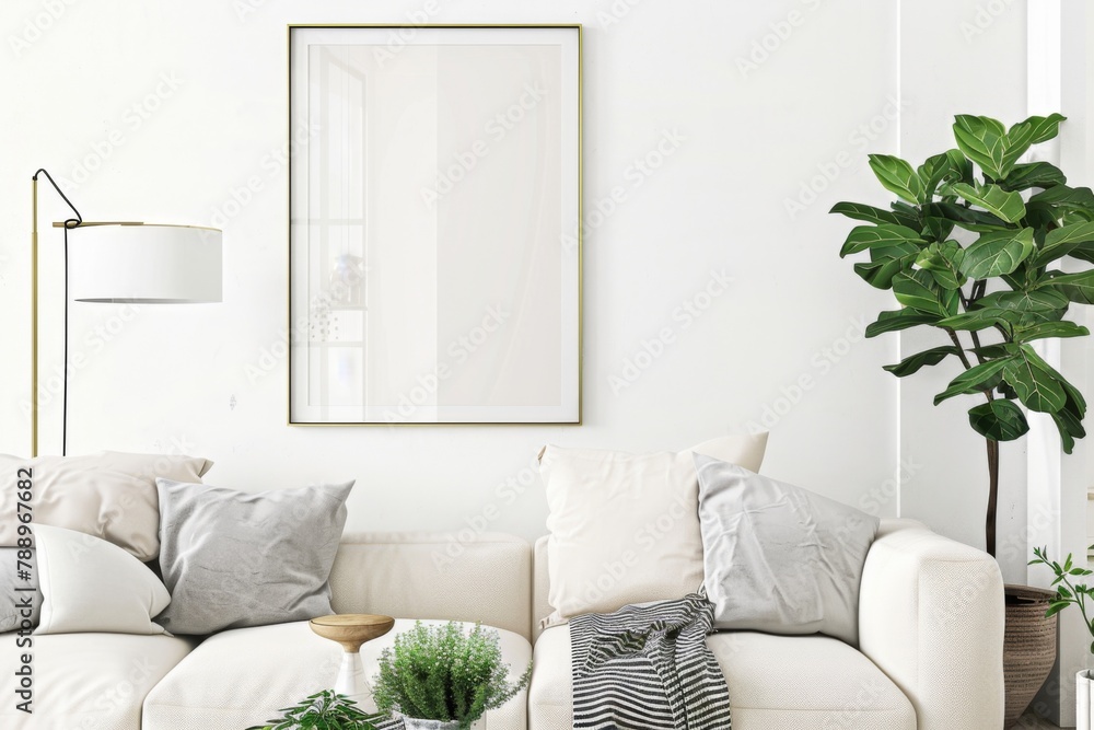 Fototapeta premium Scandinavian style living room with poster mockup created with generative ai