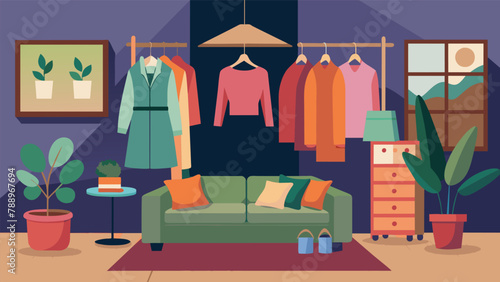A cozy living room transformed into a temporary boutique with an array of clothes to choose from.