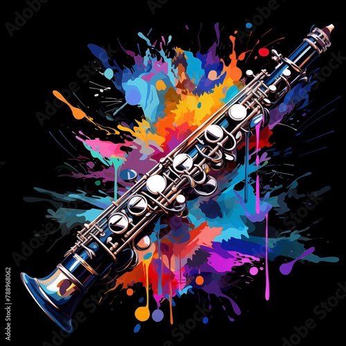 Abstract and colorful illustration of a clarinet on a black background