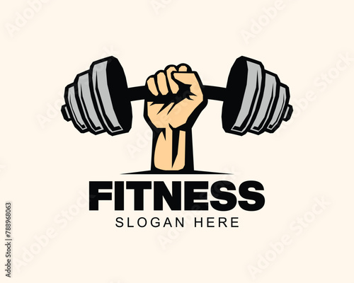 GYM, Fitness, Strong hand fist holding lifting a barbell or dumbbell. weight lifting sport emblem badge label logo design