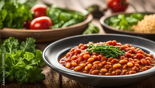 Baked beans in tomato sauce and greens. 