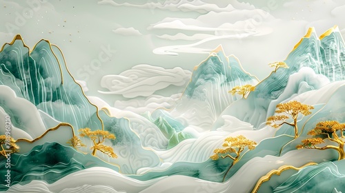 Gold inlaid jade carving mountains abstract art poster background 