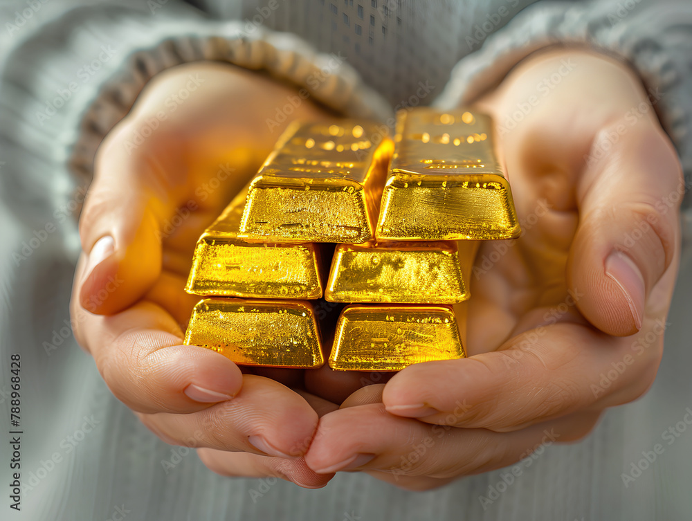 Fototapeta premium Hands presenting a stack of golden bars in a show of wealth, security, and investment, invoking the concept of finance and prosperity