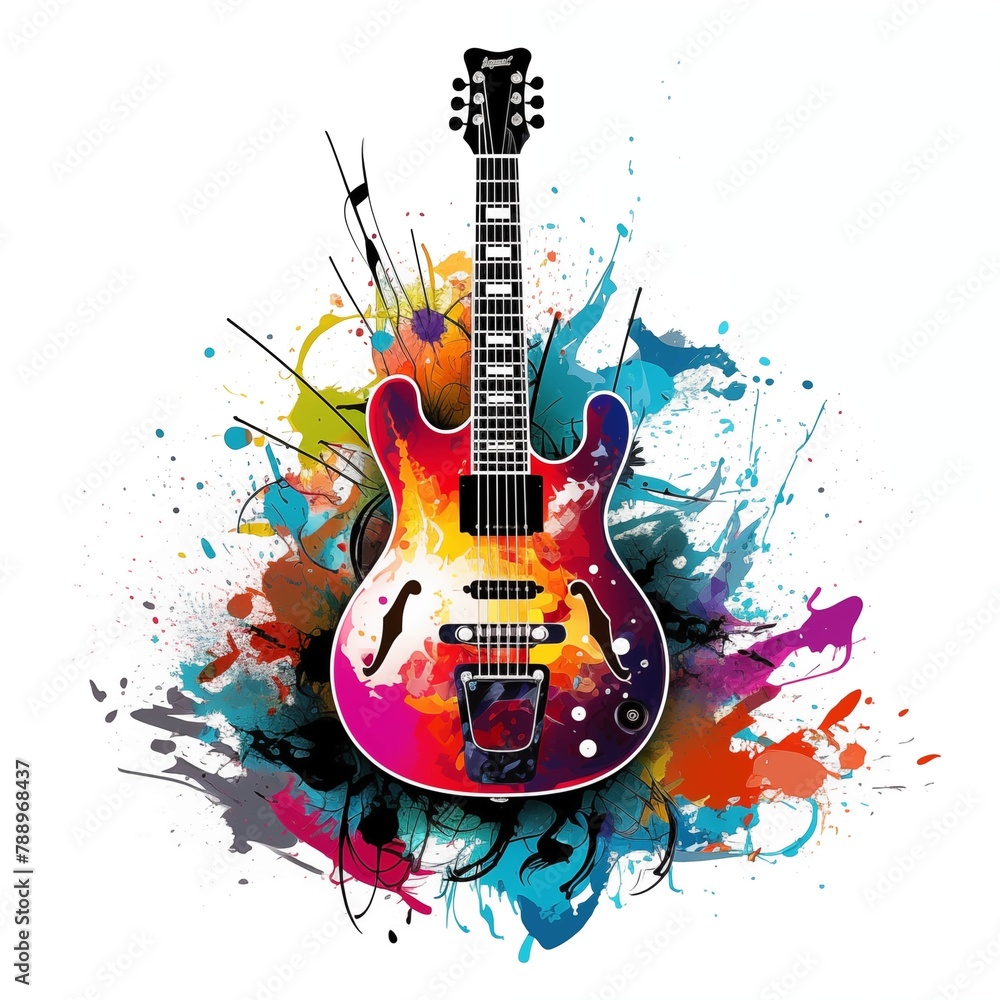 Abstract and colorful illustration of a guitar on a white background
