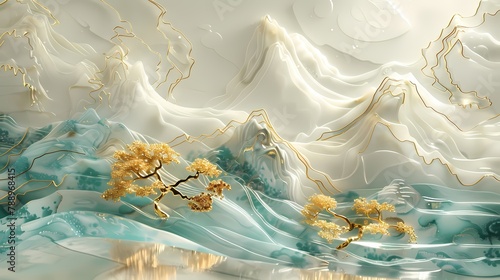 Gold inlaid jade carving mountains abstract art poster background 