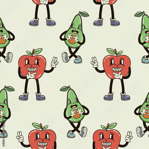 A seamless pattern with funny, cute and smiling apple and avocado character in a groovy style vector illustration