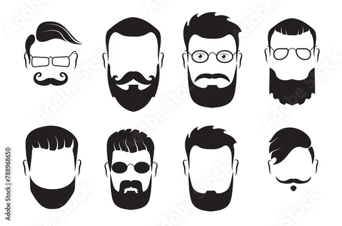 PNG, Set of bearded men silhouette faces hipster style with different haircuts. Long beard with facial hair man. Handsome man symbolizes the icons. Vector illustration