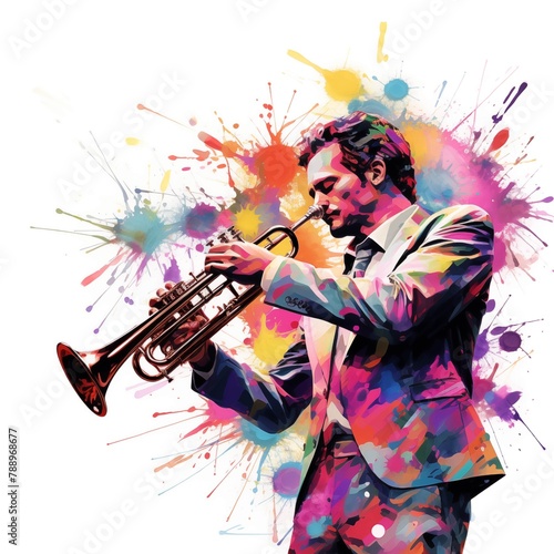 Abstract and colorful illustration of a man playing trumpet on a white background