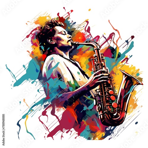Abstract and colorful illustration of a man playing saxophone on a white background