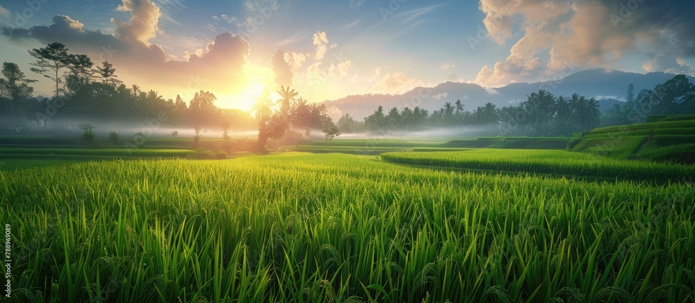 Fototapeta premium Lovely rice fields in the morning create a perfect background, offering plenty of space for creative ideas.