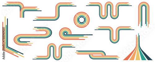 70s poster elements rainbow isolated of collection. Vector of rainbow curve and colorful, geometric 70s and 60s groovy illustration